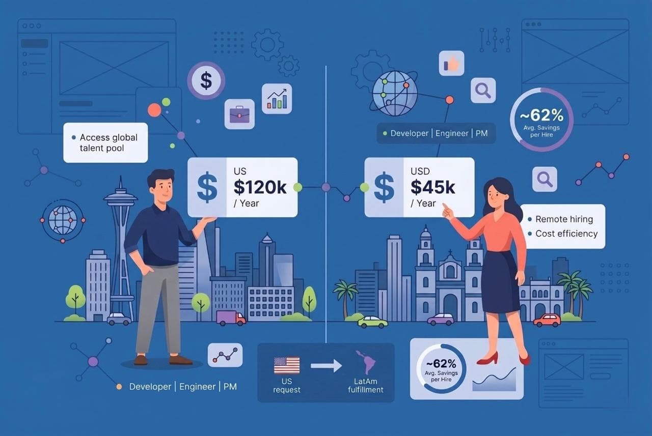 Split-screen infographic comparing US vs LatAm hiring costs. US developer at $120K/year on the left, LatAm equivalent at $45K/year on the right, with ~62% avg. savings per hire highlighted. US request to LatAm fulfillment flow shown at the bottom.