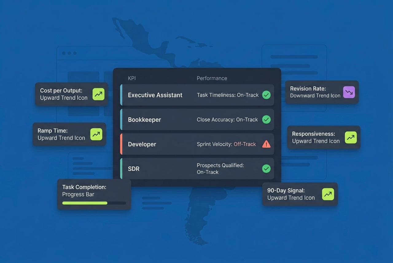 A performance dashboard card showing 4 LATAM hire roles, Executive Assistant, Bookkeeper, Developer, and SDR, each with KPI benchmarks and coral or lime performance indicators, surrounded by 6 floating metric tiles for Cost per Output, Ramp Time, Task Completion, Revision Rate, Responsiveness, and 90-Day Signal, with a faint Latin America map silhouette in the background.