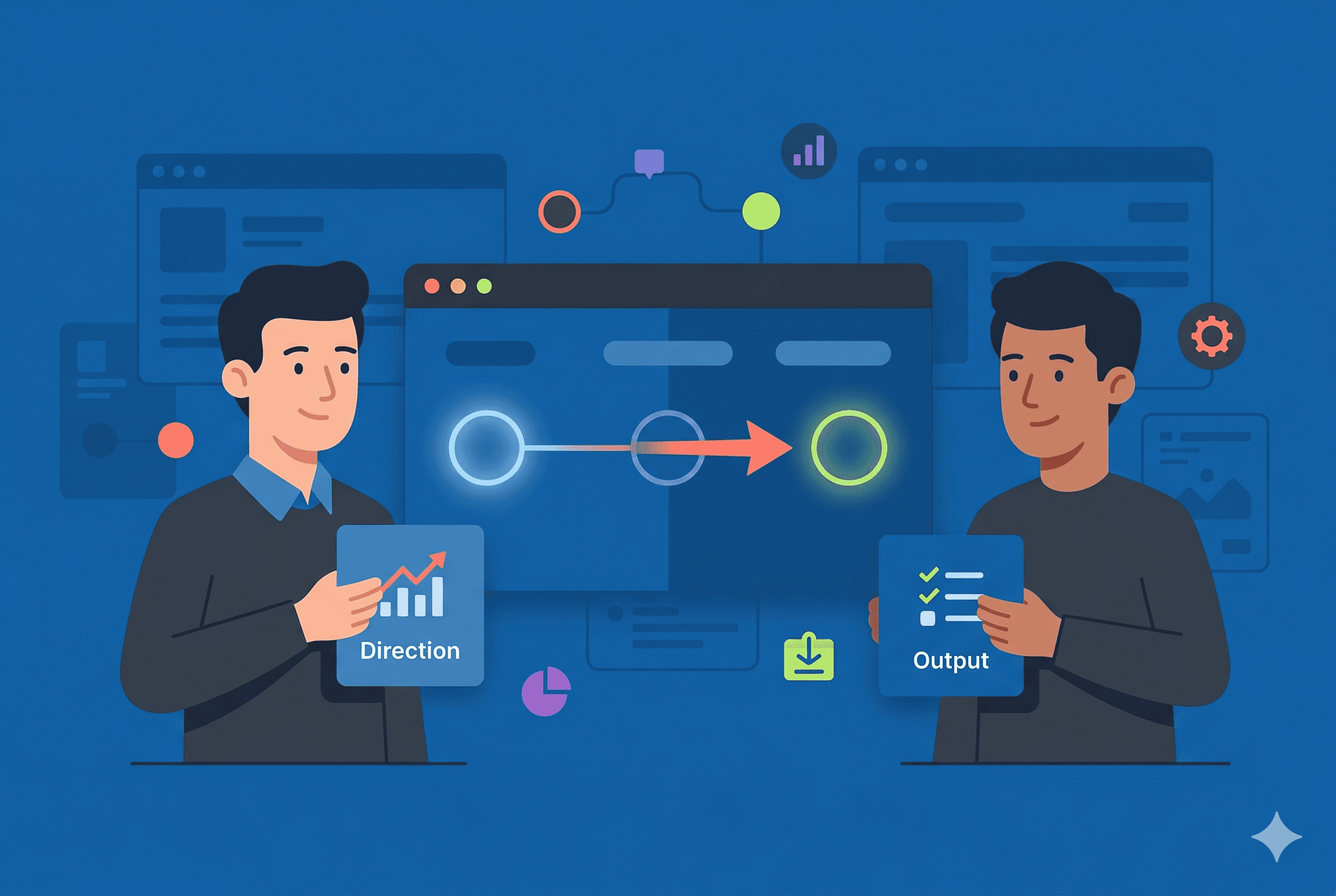 Two professionals exchanging ownership of a workflow, one holding a Direction card, one holding an Output card, connected by a handoff arrow across a shared process board.
