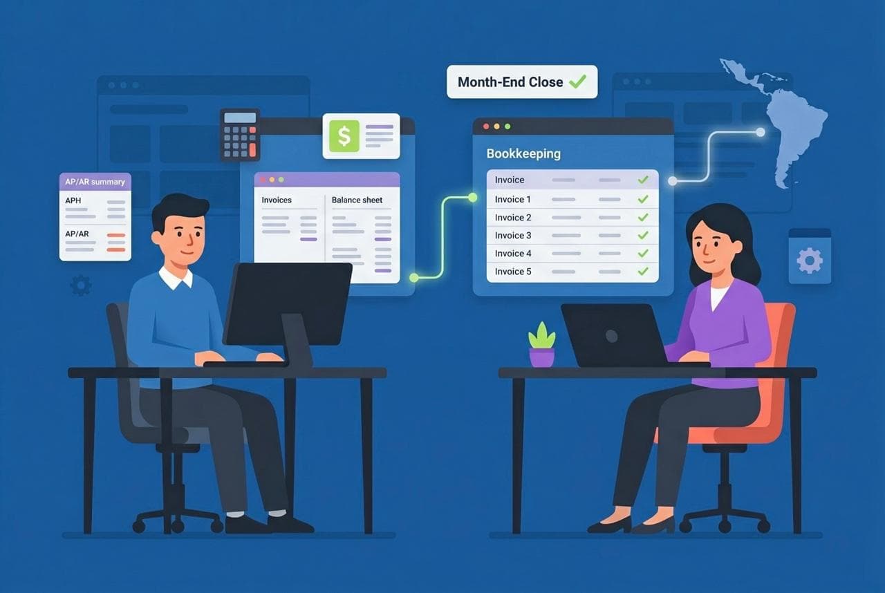 A U.S.-based accountant and a remote LATAM bookkeeper collaborating on a shared bookkeeping dashboard — handling invoices, AP/AR, and month-end close across locations.