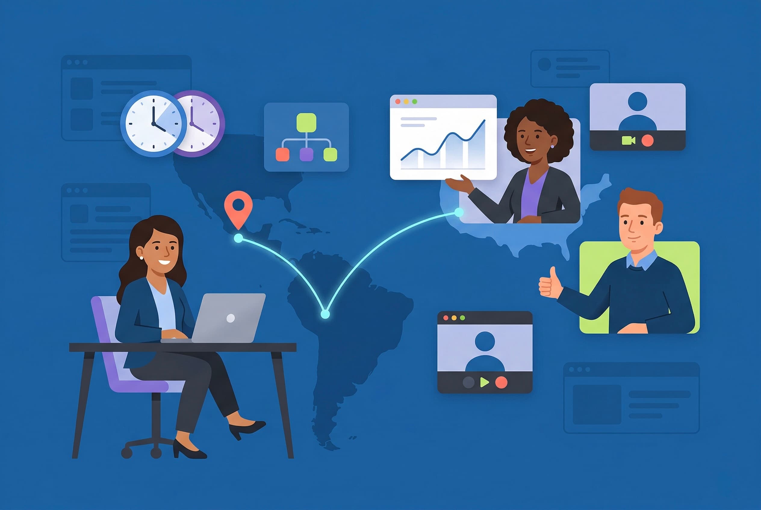 Illustration of a US and Latin American professional collaborating remotely, connected across a map of the Americas, with floating UI cards showing time zones, org charts, and video call interfaces — representing nearshore staff augmentation.