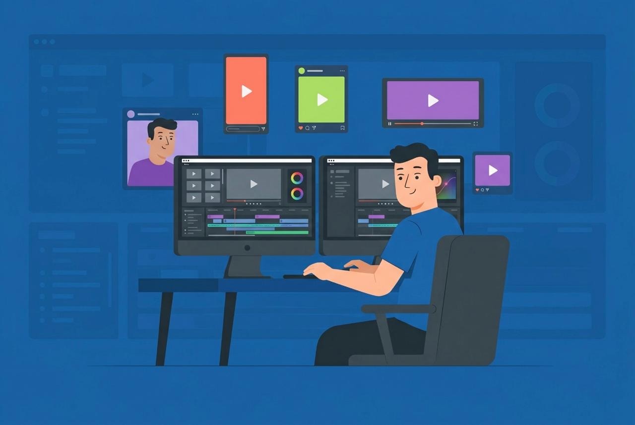 Remote video editor working at a dual-monitor setup with timeline and color grading tools, representing agency video production in Latin America.