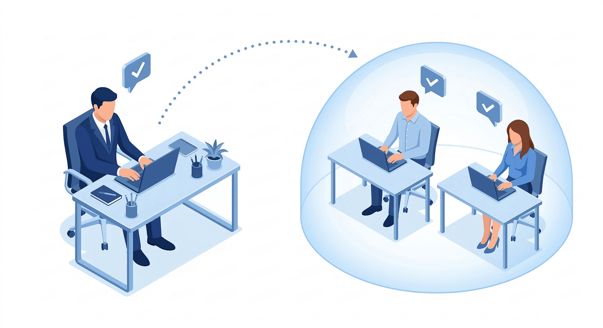 Illustration of US business professional collaborating remotely with Latin American team members